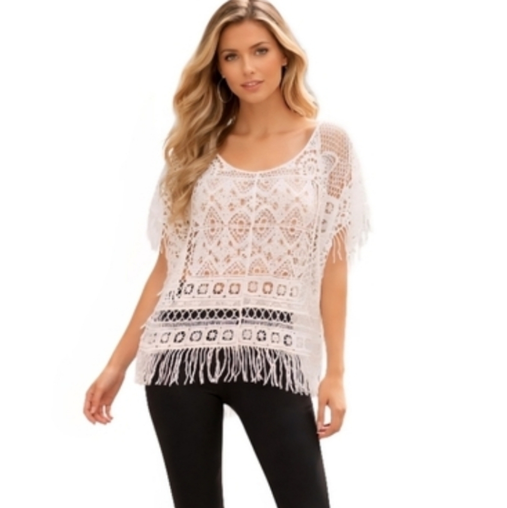 White Crochet Boho Top with Fringe Hem | Size S/M
